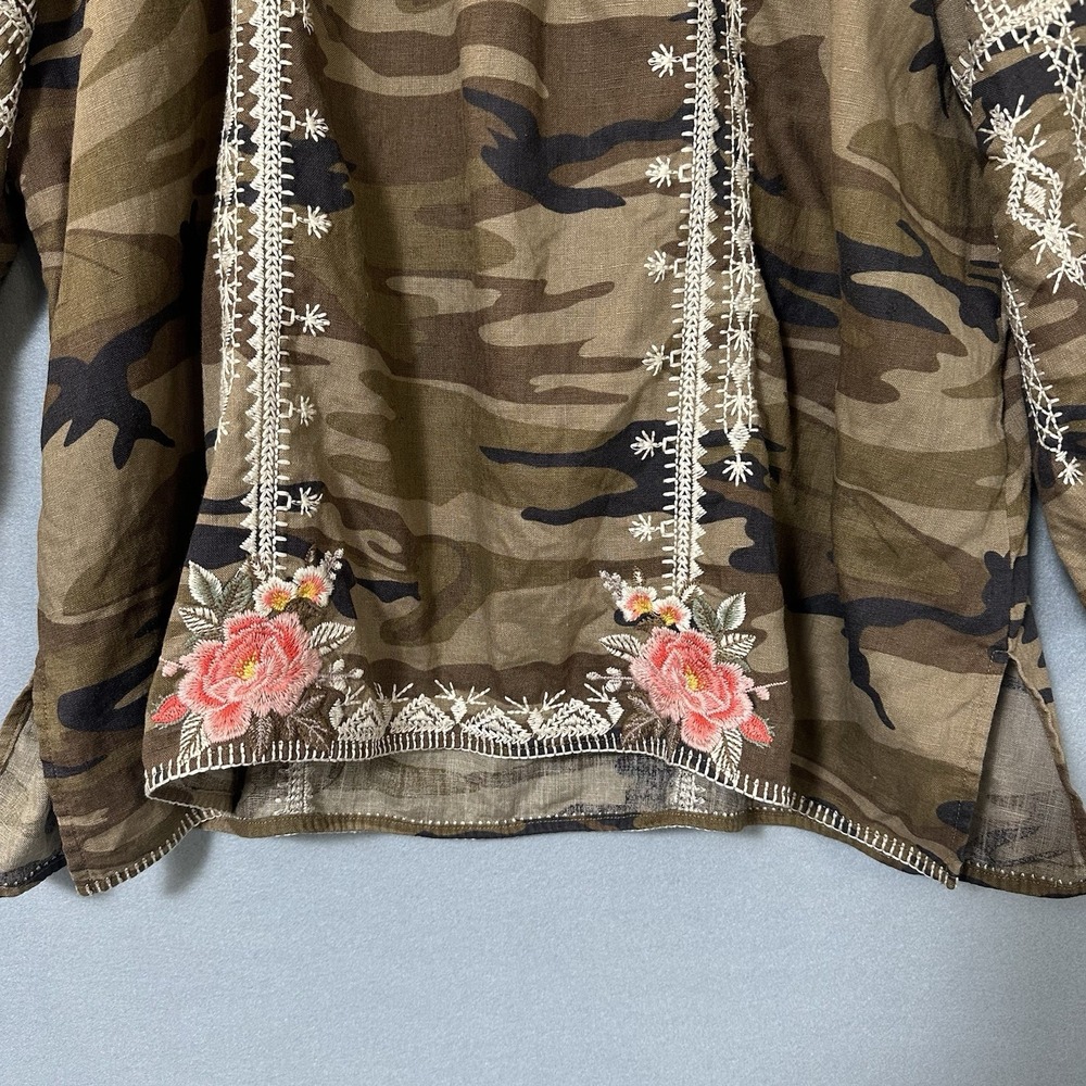 Johnny Was Linen Top Women's XXL Camo Floral Embroidered Balling Sleeve Boho - Picture 4 of 11